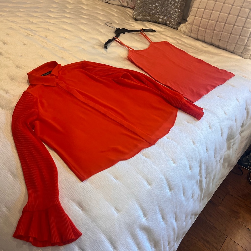 Zara Romantic Pleated Sleeved Coral Top, With Camisole - Picture 6 of 8